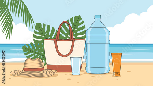 Summer beach vacation essentials featuring a straw hat, tote bag, large water bottle, and sunscreen on a sunny sandy shore landscape.