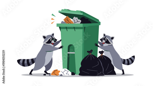 Two mischievous raccoons scavenging for food in a green trash bin full of garbage bags and litter for urban wildlife concepts.