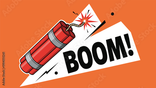 Comic style illustration of a dynamite bundle with a lit fuse and a large boom word for explosive and impact concepts.
