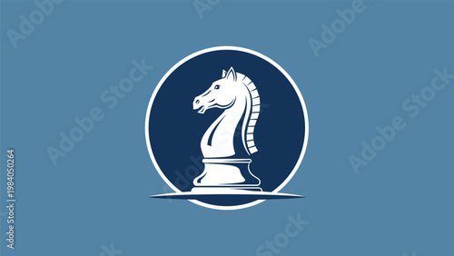 Elegant circular logo design featuring a white chess knight piece on a dark blue background for strategy and game themes.