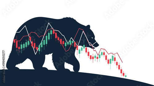 Bear market concept showing a silhouette of a bear with a declining financial candlestick chart representing economic downturn.