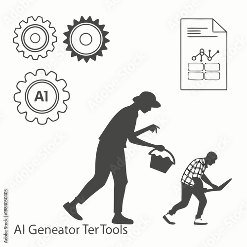 A vector graphic illustration of a man and a boy working together with AI generator tools and gears