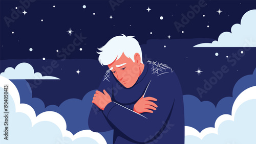 Distressed man shivering and holding his arms to stay warm under a starry night sky with clouds symbolizing loneliness or poverty.