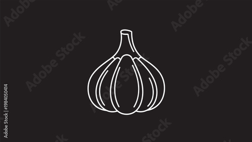 Minimalist white line drawing of a garlic bulb on a solid black background showcasing the clean contours of the vegetable.