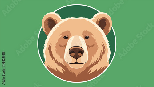 Detailed illustration of a brown bear head set within a green circular frame highlighting the majestic features of forest wildlife.
