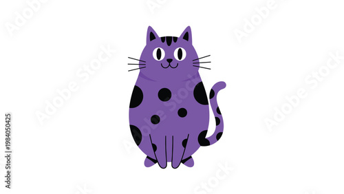 Quirky purple cat character with black spots and wide eyes sitting calmly in a stylized cartoon illustration with a white background.