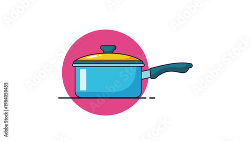 Bright blue cooking pot with a yellow glass lid and black handle set against a pink circular background in a modern icon style.