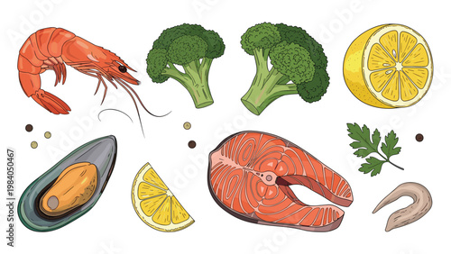 Assorted healthy food ingredients including shrimp, salmon, mussels, broccoli, and lemon slices arranged in a fresh culinary composition.