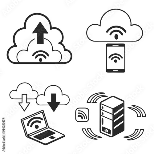 A vector graphic illustrating wireless internet connectivity with cloud, laptop, phone, and server icons
