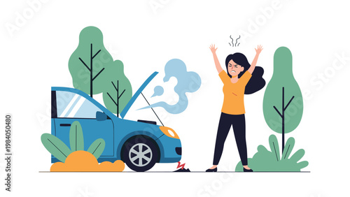 Frustrated woman gesturing with anger next to her broken-down blue car with smoke rising from the open hood in a forest setting.
