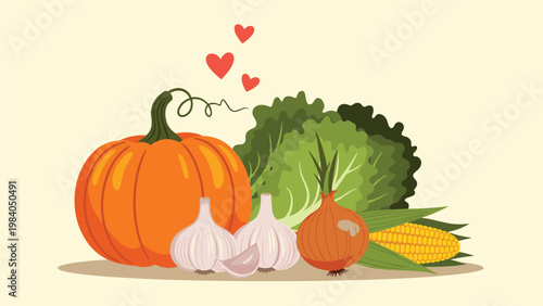 Festive arrangement of autumn harvest vegetables including pumpkin, lettuce, onion, garlic, and corn with floating red hearts above.