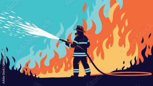 Brave firefighter in full protective gear using a powerful water hose to battle large orange and red flames against a blue sky.