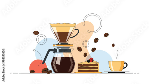 Sophisticated coffee brewing scene with a glass dripper, carafe, slice of cake, and a cup of coffee on an artistic background.