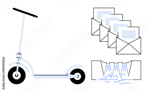 Sustainable transport, communication, water resources, eco-friendly solutions, green technology, conservation. Image shows a scooter, envelopes and a water-saving icon. Sustainable transport