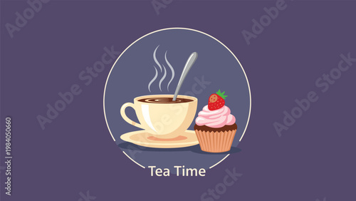 Charming tea time emblem featuring a hot coffee cup and a strawberry-topped cupcake within a circular frame on a purple background.