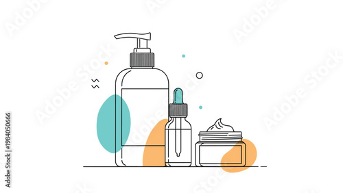 Minimalist line art illustration of a pump bottle, a dropper bottle, and a cosmetic cream jar with colorful abstract shapes.