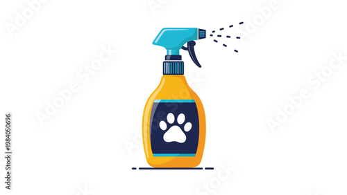 Pet cleaning spray bottle illustration with a paw print logo on the label showing disinfectant liquid being sprayed out.