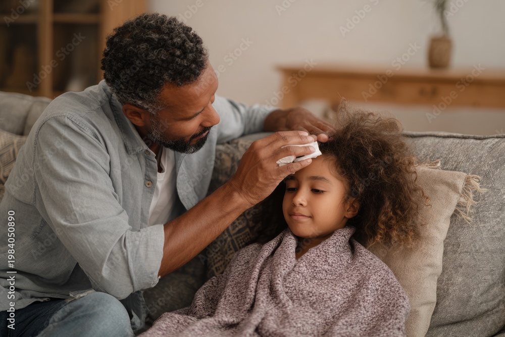 Fototapeta premium Father caring for sick daughter with fever at home