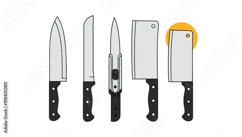 Professional set of various kitchen knives including a chef knife, bread knife, utility knife, and two types of meat cleavers.
