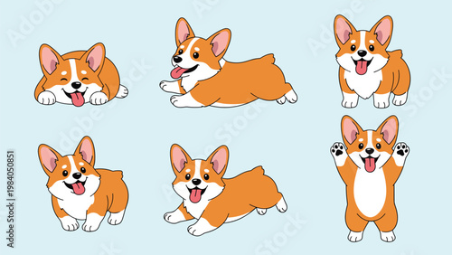 Set of six adorable corgi puppy illustrations showing various playful poses and happy expressions on a light blue background.