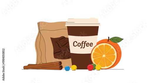 Still life illustration with a takeaway coffee cup, a bag of roasted coffee beans, a fresh orange, and colorful candies.