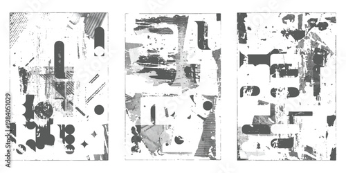 Schilderij op canvas A monochromatic triptych featuring an abstract composition of geometric shapes and textures