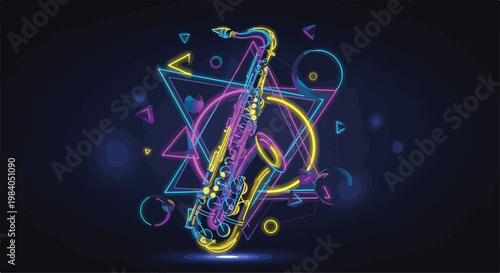 saxophone with neon geometric shapes, dark background, glowing gradient, Memphis futuristic fusion, modern Gen Z vector