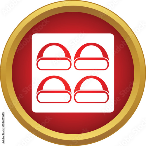 Four sushi rolls on a white tray set within a red and gold circular frame