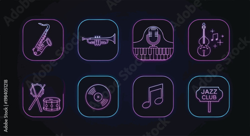 dark mode jazz icon set, 9 icons with neon glow, rounded square UI buttons, vibrant purple blue gradient, futuristic Gen Z style