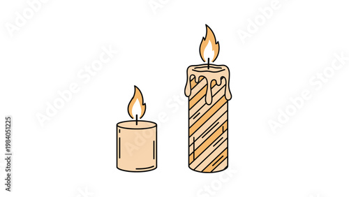 Two warm lit candles with glowing flames, one short and plain, the other tall with decorative orange diagonal stripes.