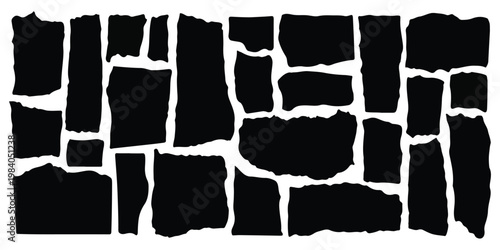 An abstract black and white graphic pattern featuring irregular stone block shapes and gaps.