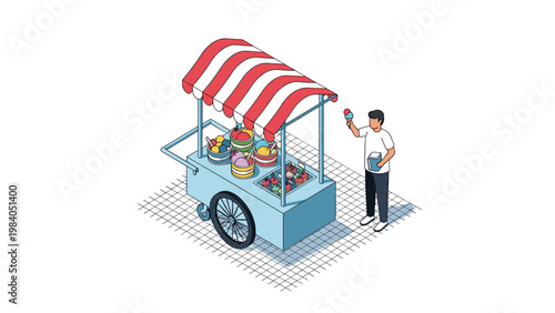 Isometric illustration of a traditional blue and red striped ice cream cart with many flavors being served by a vendor to a customer.