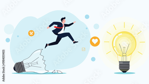 Businessman jumping from a broken light bulb towards a bright glowing one representing the transition from failure to a successful new idea.
