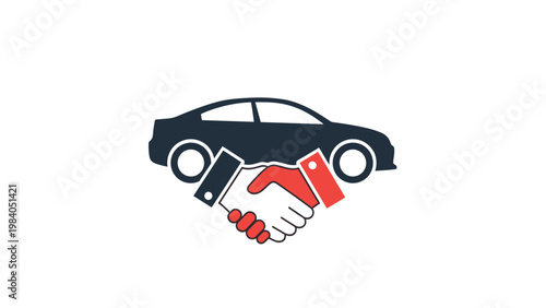 Handshake between buyer and seller with car silhouette above symbolizes successful automotive deal or vehicle purchase agreement.