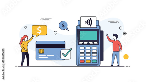 People using contactless payment terminal and large credit card illustrates modern digital banking and electronic transaction services.