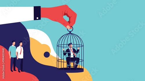 Giant hand lifting birdcage containing trapped businessman while colleagues watch portrays concept of isolation and corporate confinement.