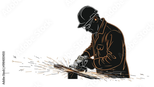 Industrial worker wearing safety gear using angle grinder on metal piece creates bright sparks against white background in workshop.