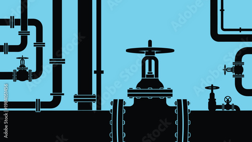 Silhouette of complex industrial pipeline system with various valves and fittings on blue background represents oil and gas infrastructure.