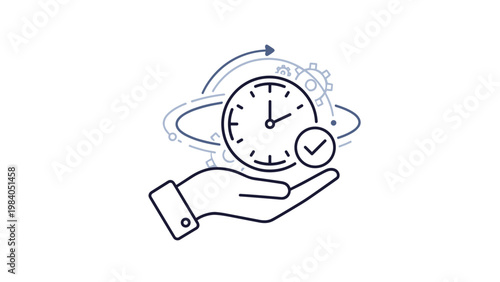 Hand holding clock face surrounded by gears and checkmark icon signifies efficient time management and successful project completion.