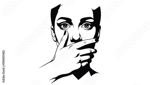 High contrast black and white drawing of woman covering her mouth with her hand conveys themes of silence secrecy and censorship.