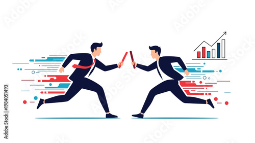 Two businessmen participating in relay race with baton passing symbolises teamwork and succession planning for corporate business growth.