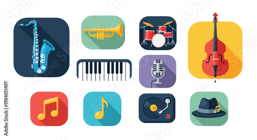 music app jazz icon set, 9 icons, rounded square background, colorful flat style, clean composition, UI friendly