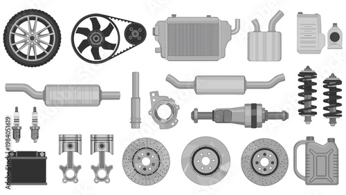Comprehensive collection of various car engine parts and automotive components in grayscale illustrates mechanical repair and vehicle maintenance services.