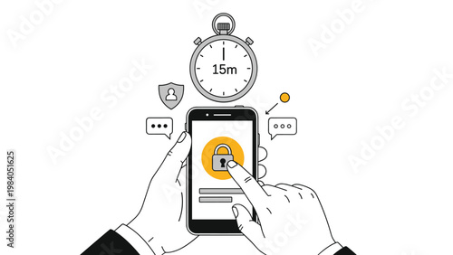 Hands holding smartphone with lock icon and stopwatch showing fifteen minutes represents mobile security and time limited access control.