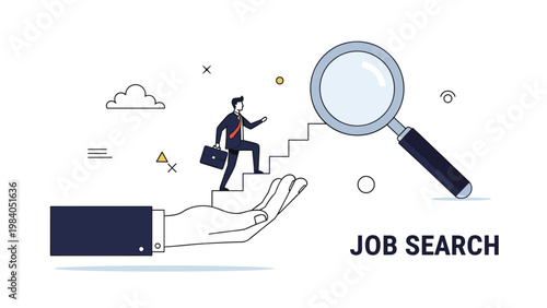 Businessman climbing stairs formed by giant hand towards large magnifying glass symbolizes career growth and job search scrutiny.