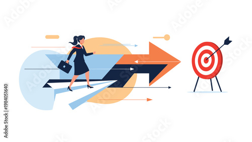 Successful businesswoman flying on large paper plane towards red bullseye target depicts focused ambition and goal oriented career strategy.