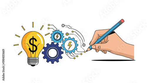 Hand sketching connecting gears leading to lightbulb with dollar sign represents creative ideation and profitable business innovation strategies.