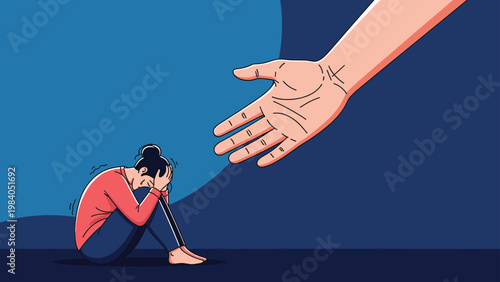 Large hand reaching down to support sad woman sitting alone in dark space symbolizes compassion empathy and mental health help.