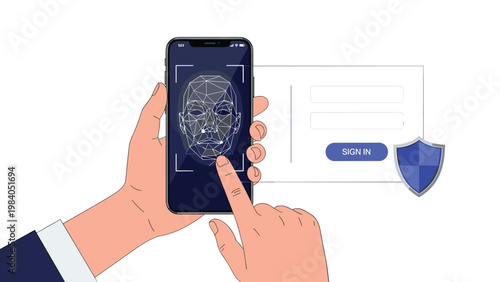 Human hand holding smartphone with biometric facial recognition scan on screen emphasizes modern mobile security and user authentication.