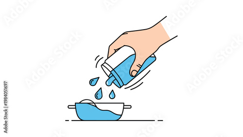 Hand pouring fresh water from glass into cooking pot represents food preparation hygiene and kitchen safety routine at home.